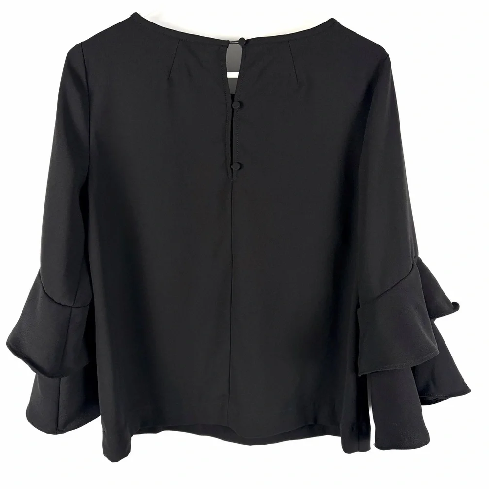 J.Crew Black Ruffle Sleeve Blouse Size 6 Keyhole Back Flowy Top - Picture 4 of 12